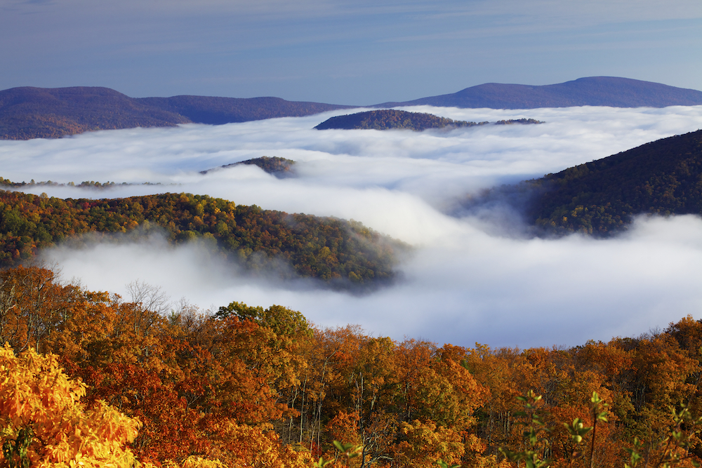 Shenandoah National Park autumn colors and clouds on mountains