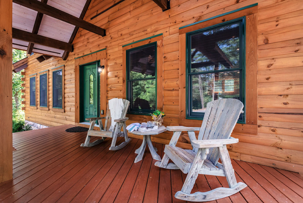 Front porch of log cabin in Shenandoah Valley